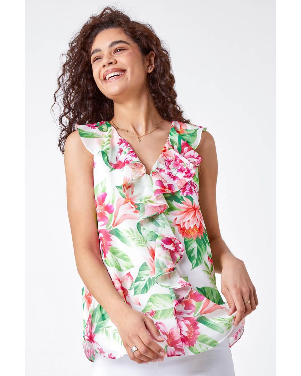 Roman Red Floral Print V-Neck Ruffle Front Chiffon Top
