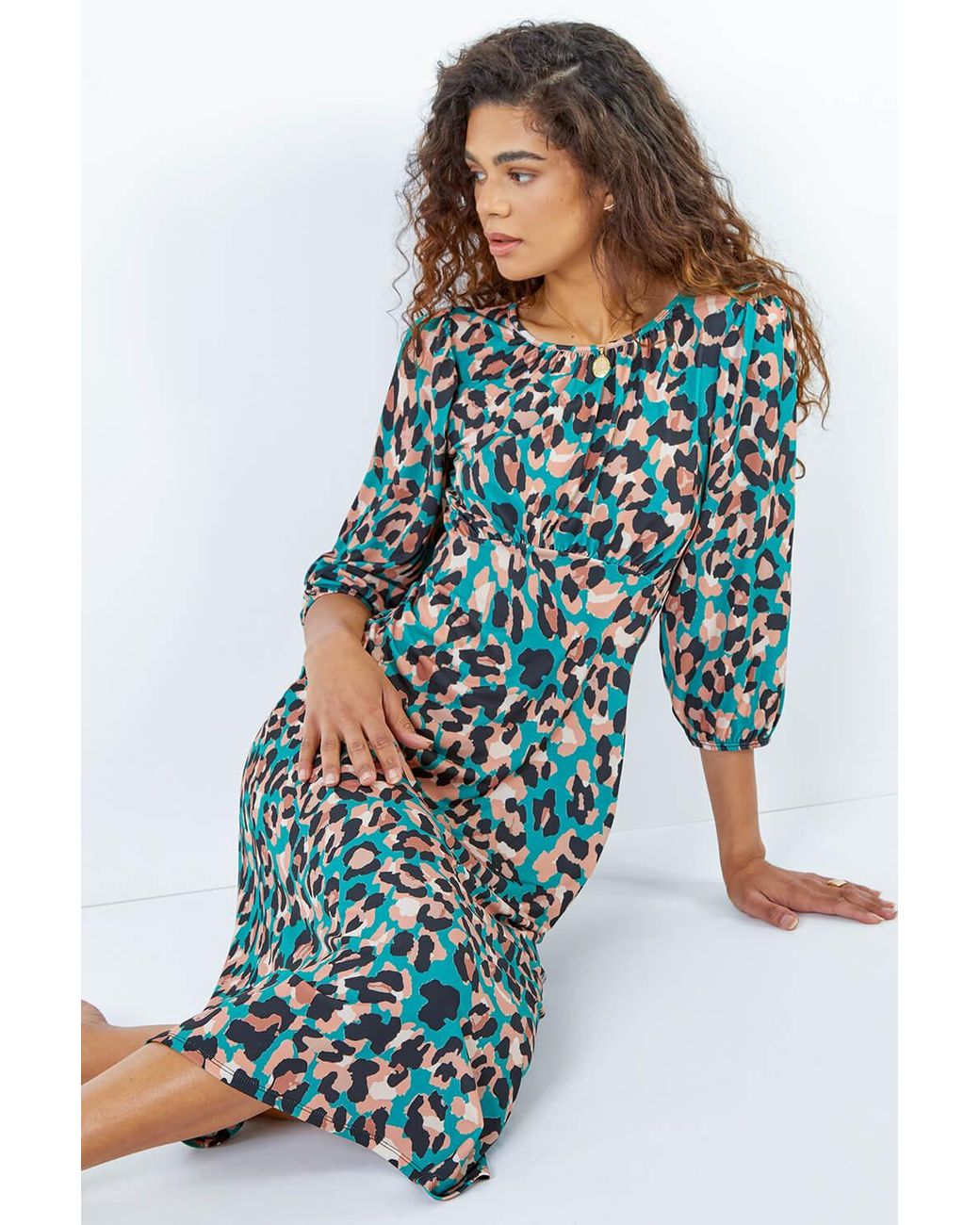 Roman Green Leopard Print Midi Dress