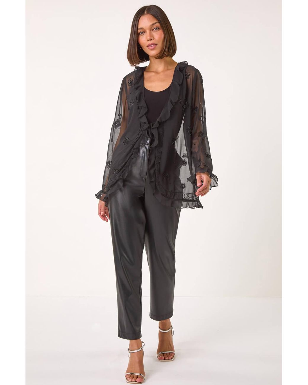 Roman Black Embellished Tie Front Top