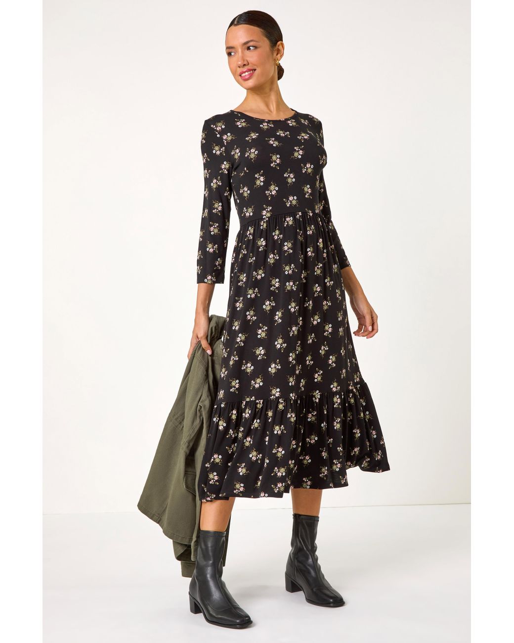 Roman Black Floral Print Frill Hem Stretch Midi Dress