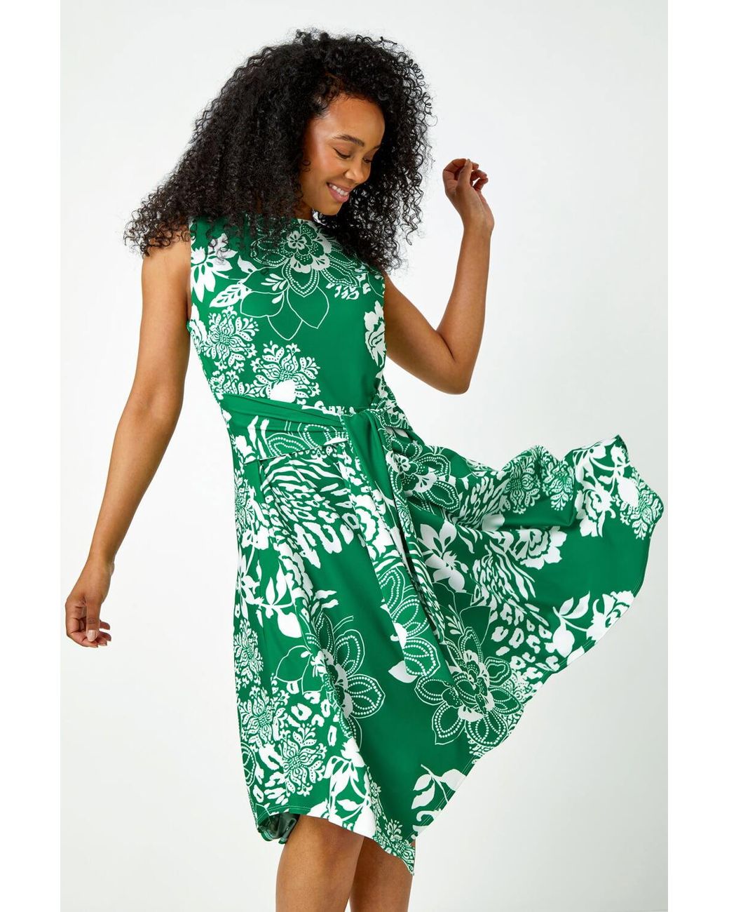 Roman Petite Green Tie Waist Floral Stretch Dress