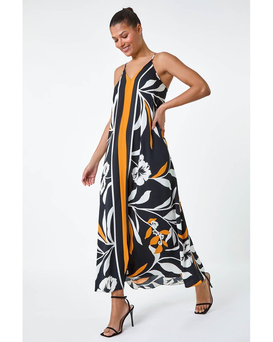 Roman White Floral Border Print Strappy Trapeze Dress