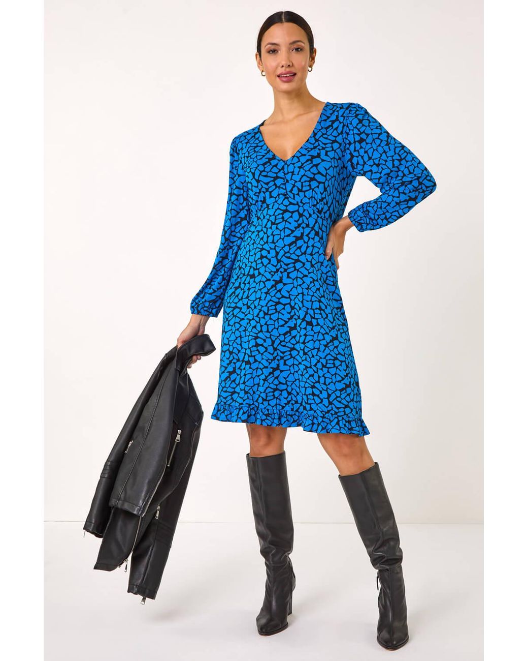 Roman Blue Abstract V-Neck Short Dress