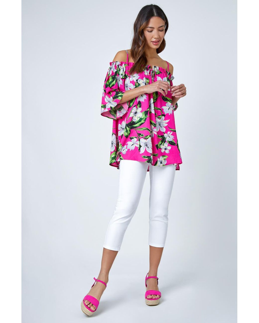 Roman Pink Tropical Cold Shoulder Bardot Top