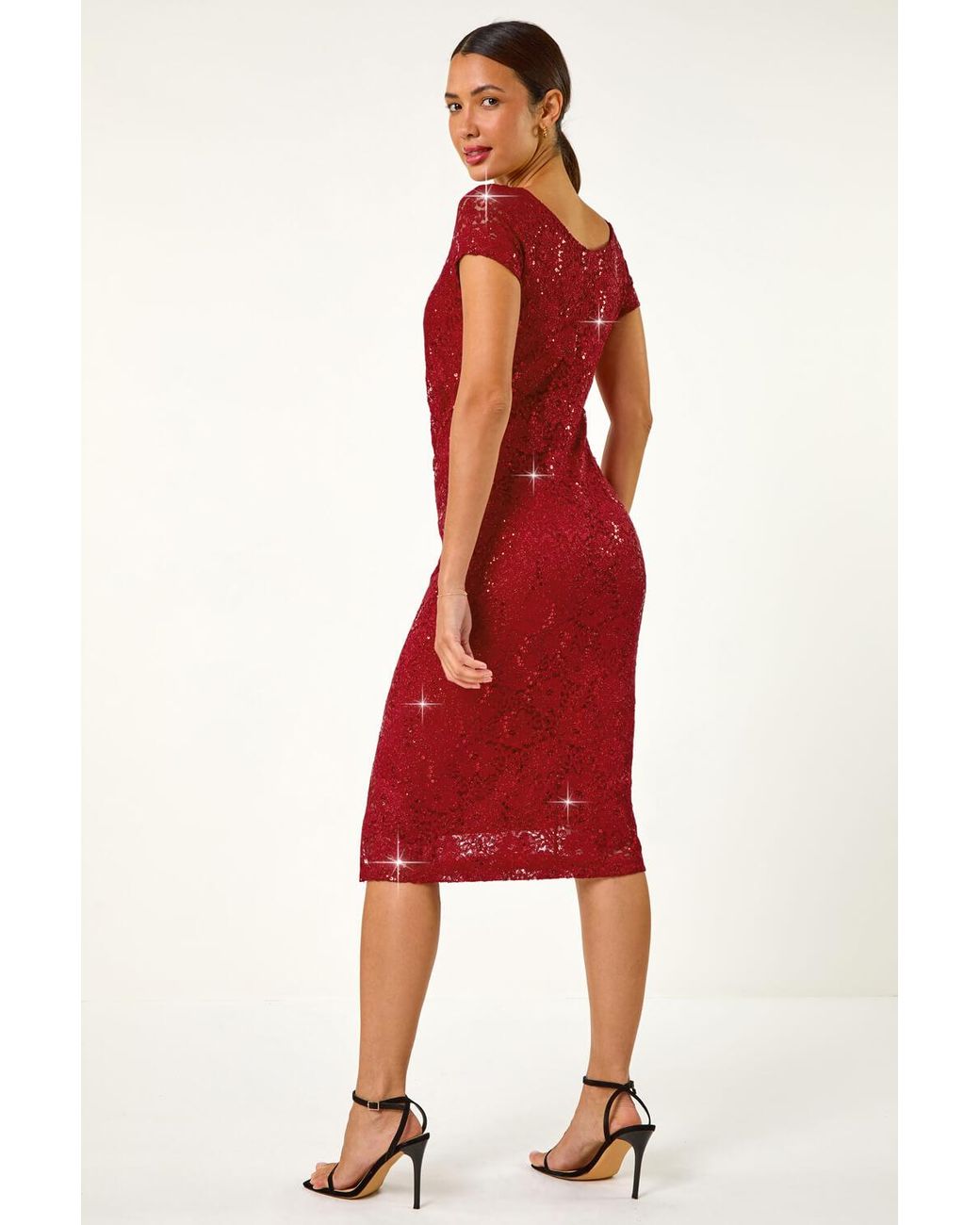 Roman Red Shimmer Lace Side Ruched Stretch Dress