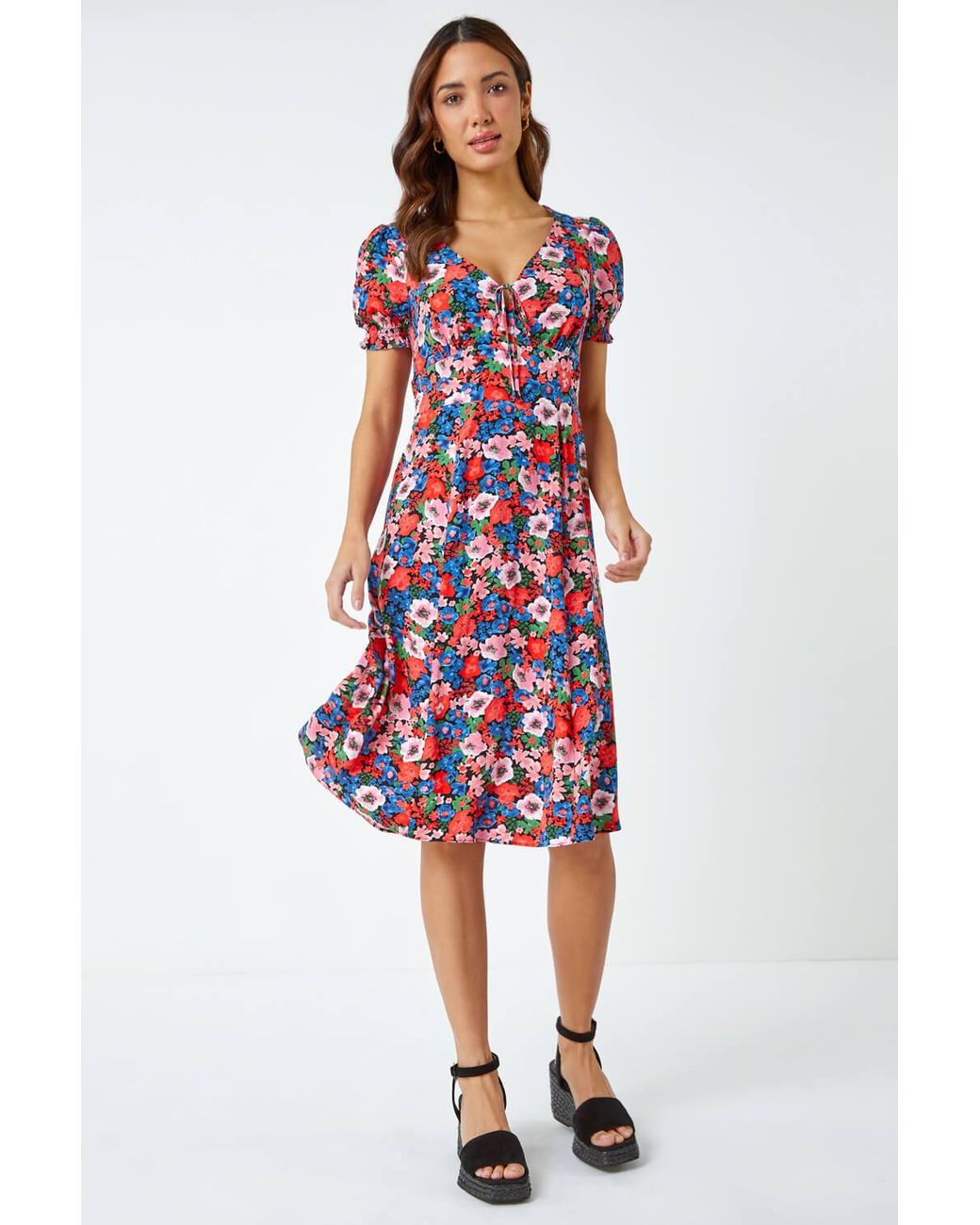 Roman Red Frill Sleeve Floral Tea Dress