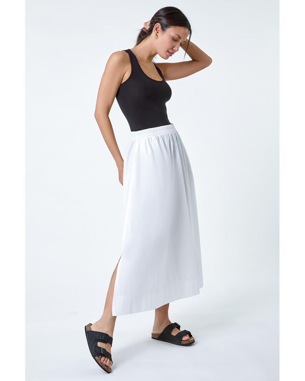 Roman White Elastic Waist Cotton Poplin A Line Pocket Skirt