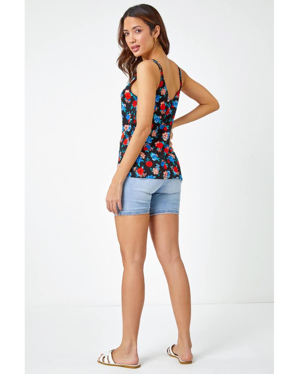 Roman Blue Floral Print Jersey V-Neck Cami