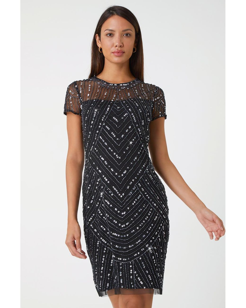 Roman Black Sequin Embellished Sheer Shift Dress