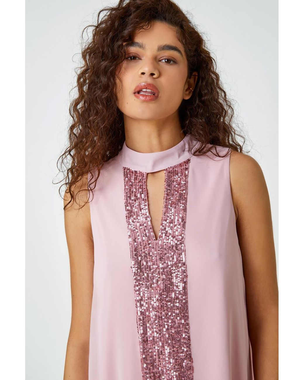 Roman Red Sleeveless High Neck Sequin Top