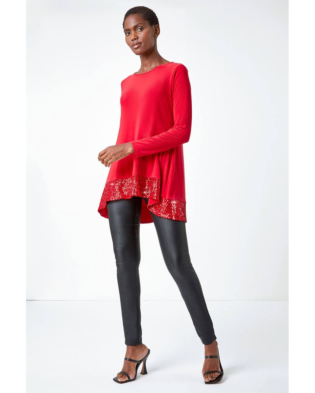 Roman Red Sequin Hem Tunic Stretch Top