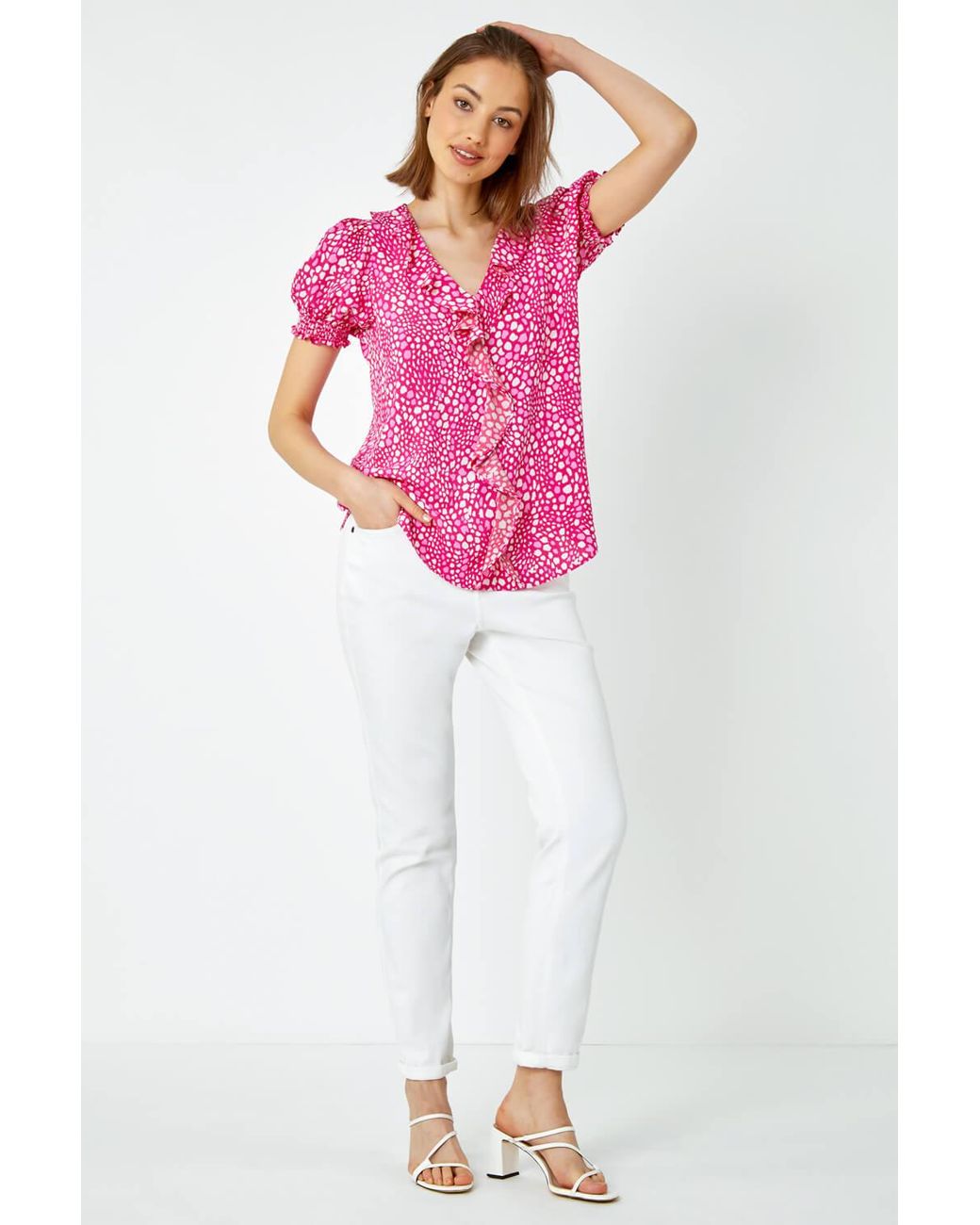 Roman Pink Pebble Print Ruffle Front Blouse