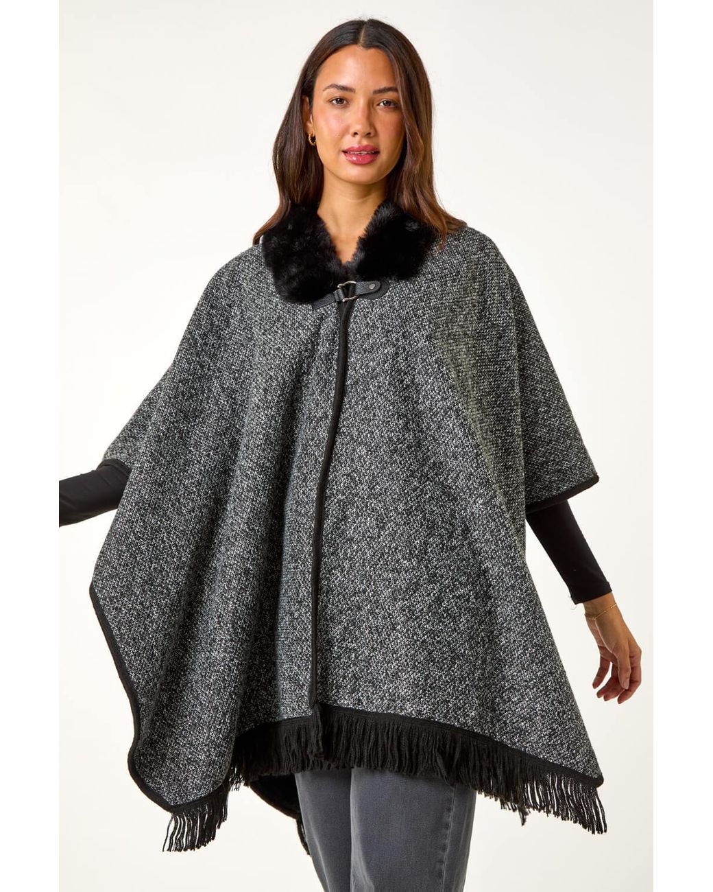 Roman Black Faux Fur Fringe Hem Poncho