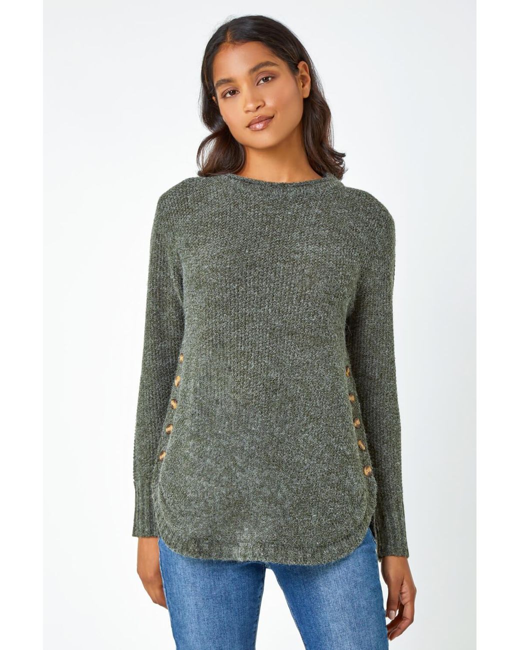Roman Blue Button Detail Curved Hem Jumper