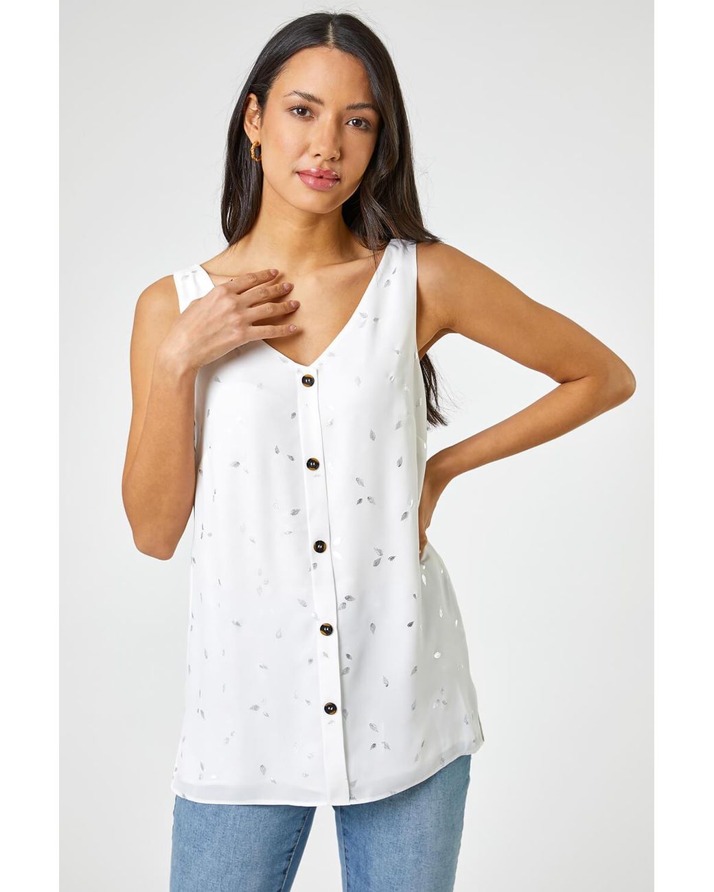 Roman White Foil Print Button Detail V-Neck Top