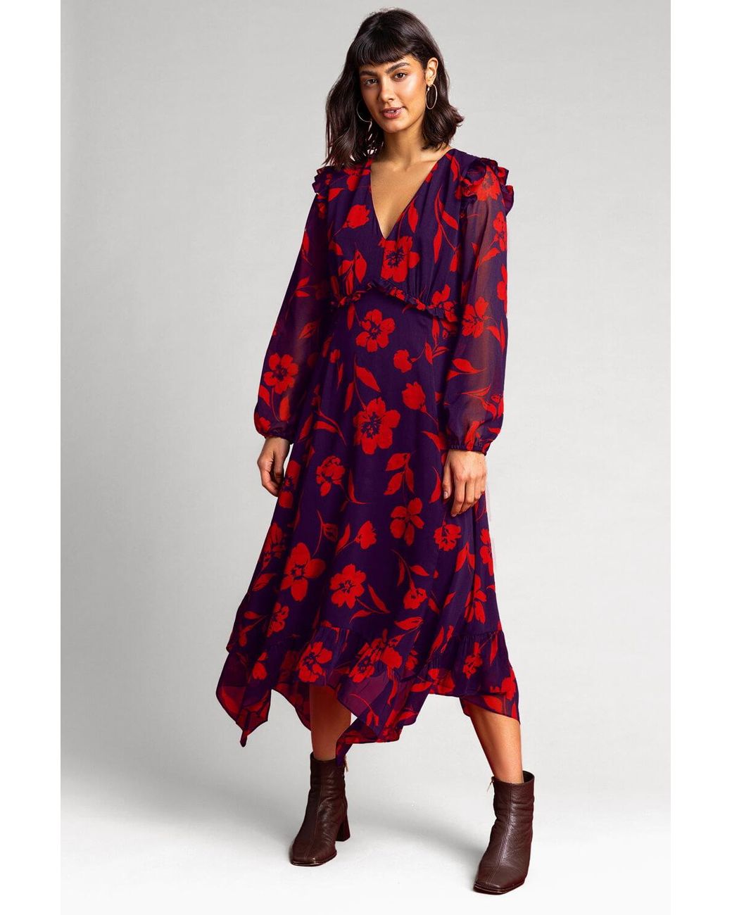 Roman Purple Floral Print Chiffon Midi Dress