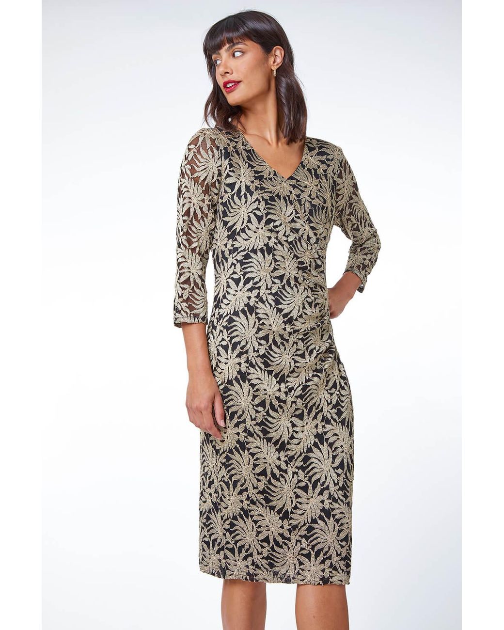 Roman Metallic Palm Print Ruched Lace Dress