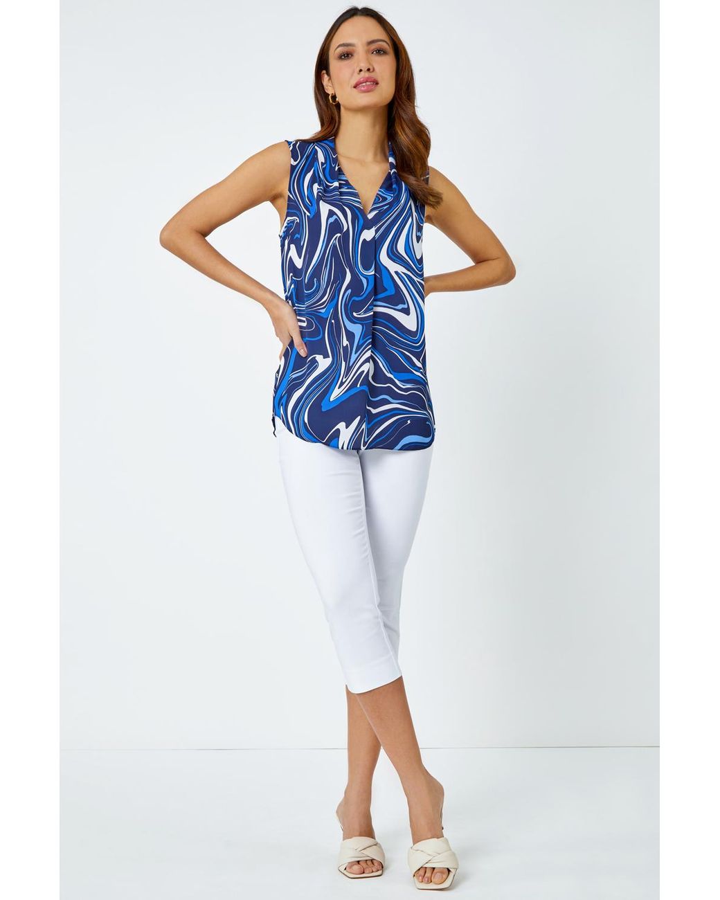 Roman Blue Sleeveless Swirl Print V-Neck Chiffon Blouse