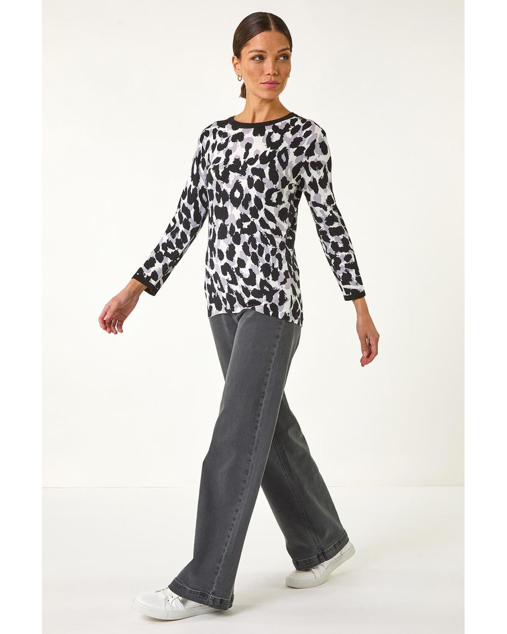 Roman Gray Animal Print 3/4 Sleeve Knit Jumper