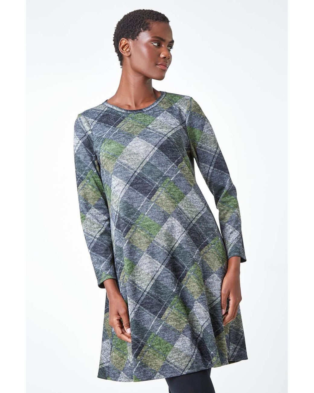 Roman Blue Check Print Swing Stretch Dress