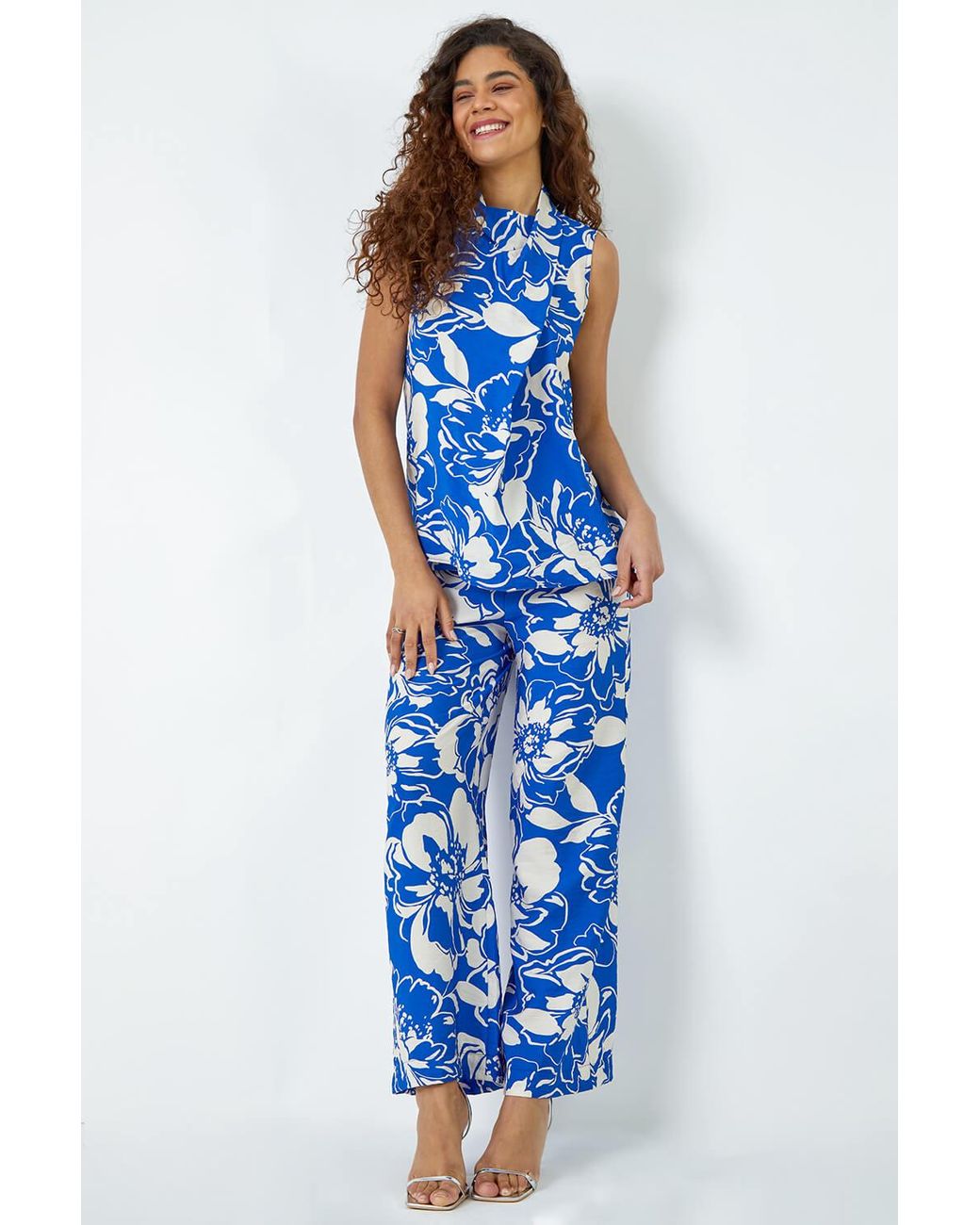 Roman Blue Floral High Neck Wrap Vest Top