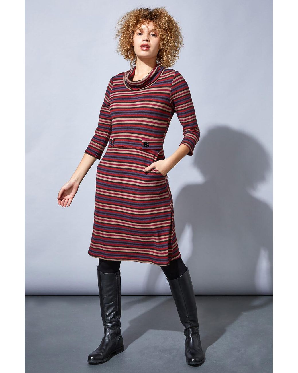 Roman Red Stripe Cowl Neck Button Detail Dress