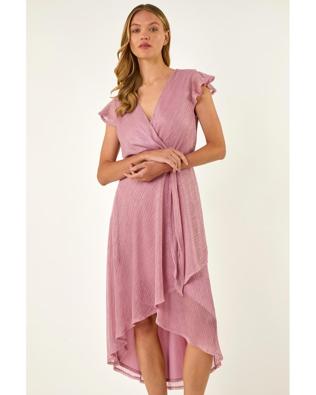 Roman Pink Shimmer Plisse Wrap Front Midi Dress