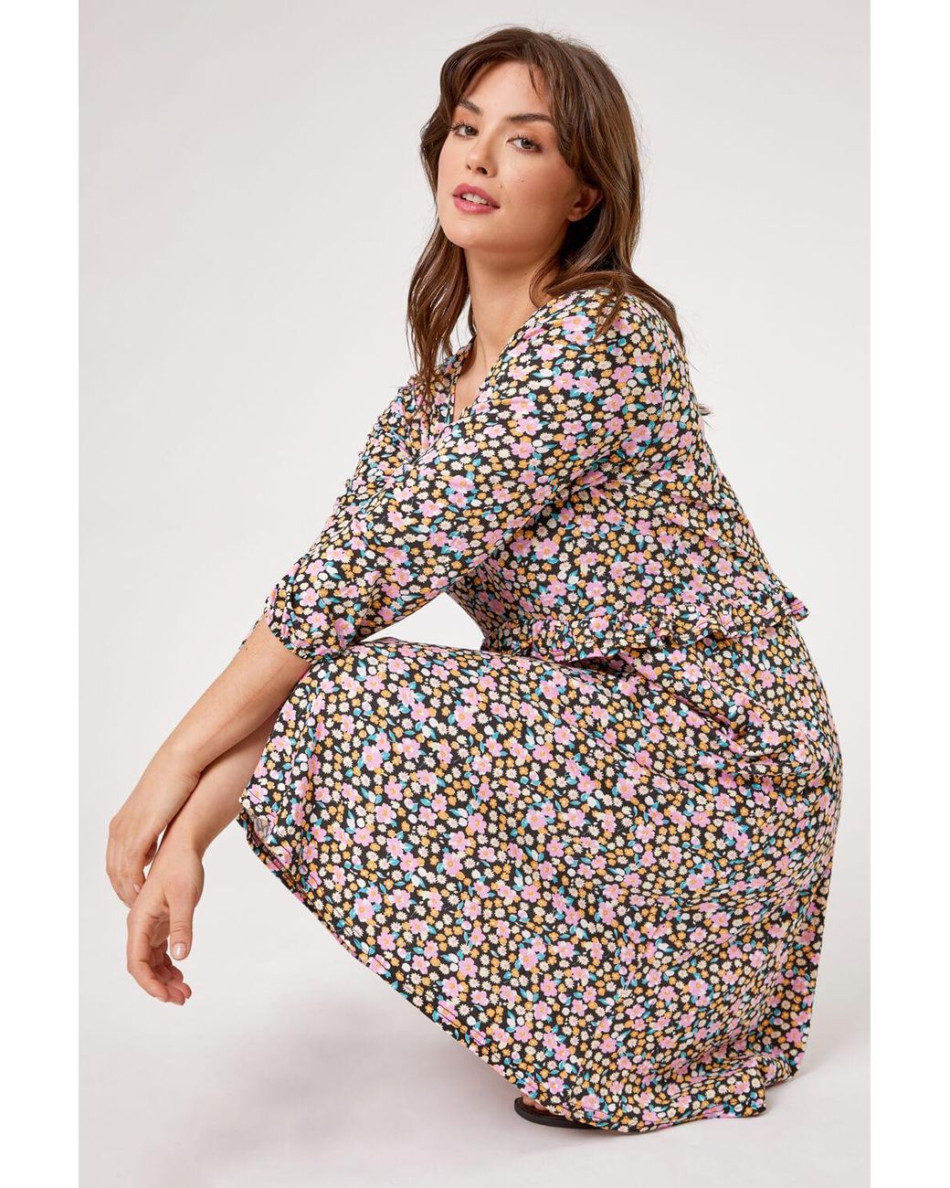 Roman Curve Pink Frill Detail Floral Print Dress