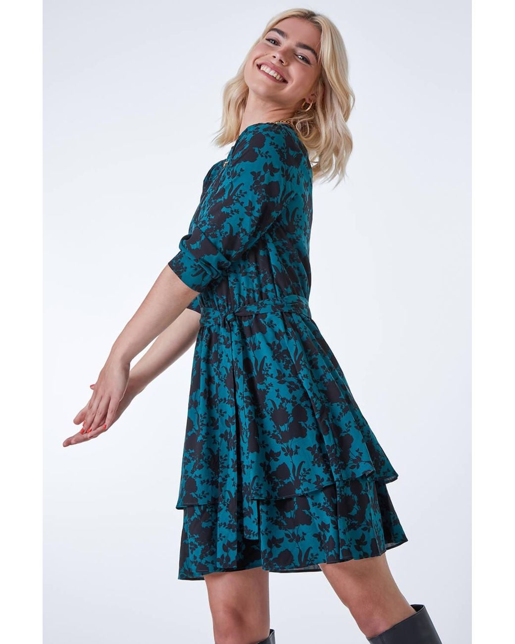 D.u.s.k Blue Contrast Floral Tiered Dress