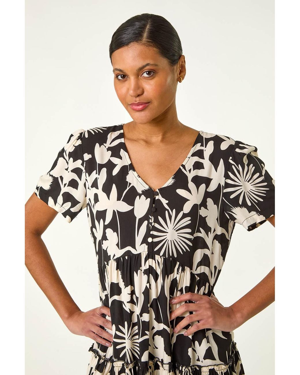 Roman Black Shadow Floral Tiered Dress