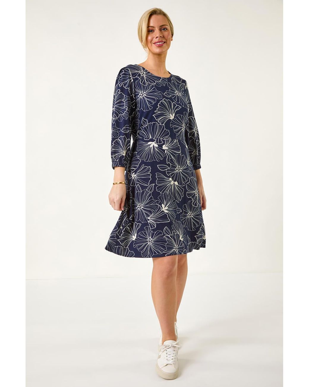 Roman Petite Blue Floral Print Stretch Dress