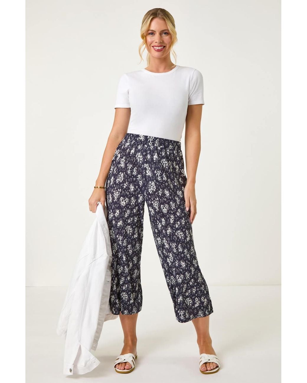 Roman Petite Blue Floral Crinkle Cropped Trouser