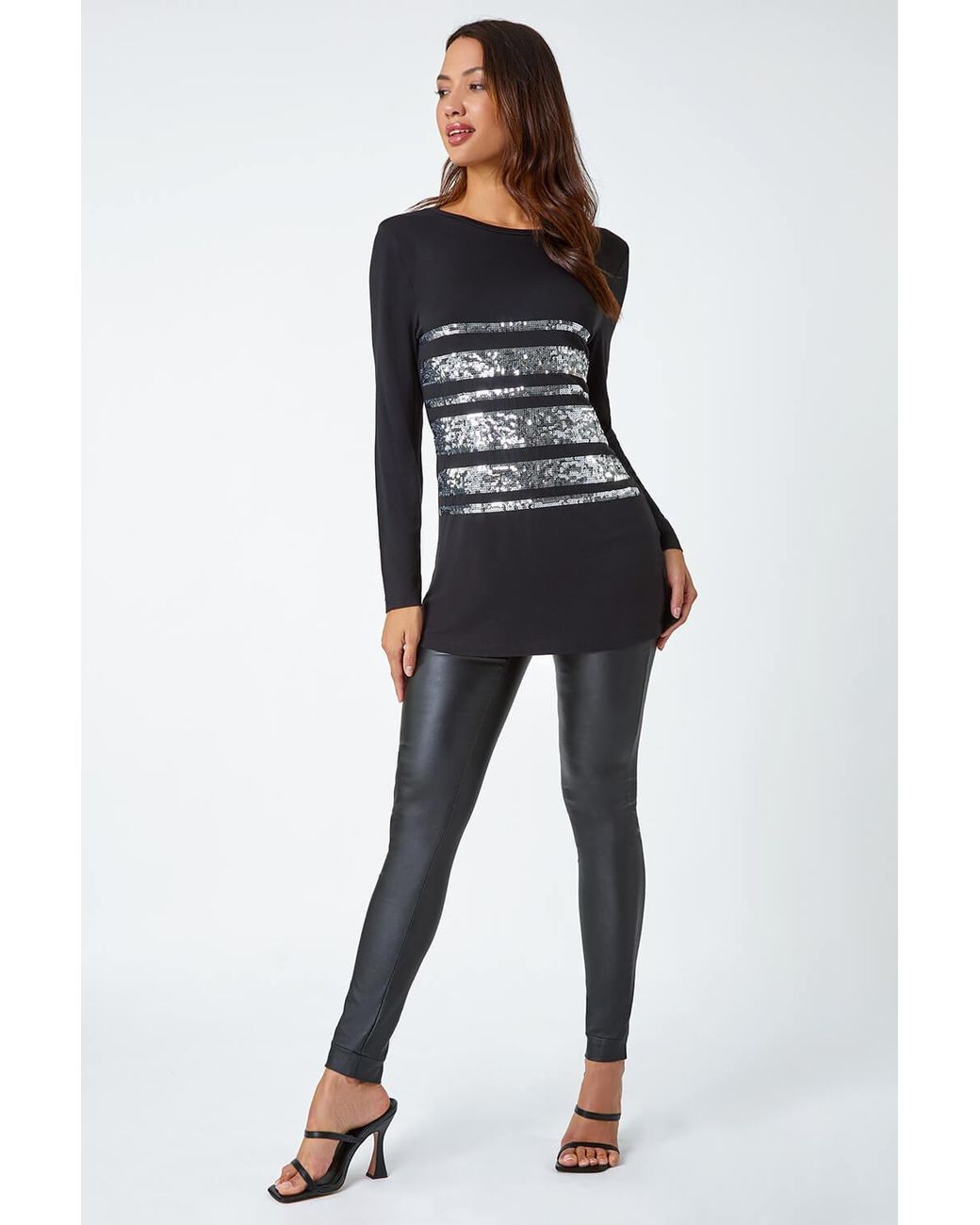 Roman Black Sequin Detail Stretch Tunic Top
