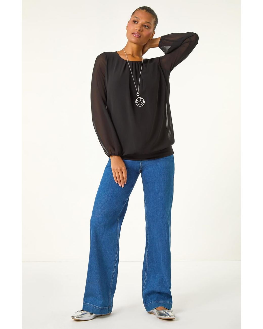 Roman Blue Chiffon Banded Hem Pleated Top