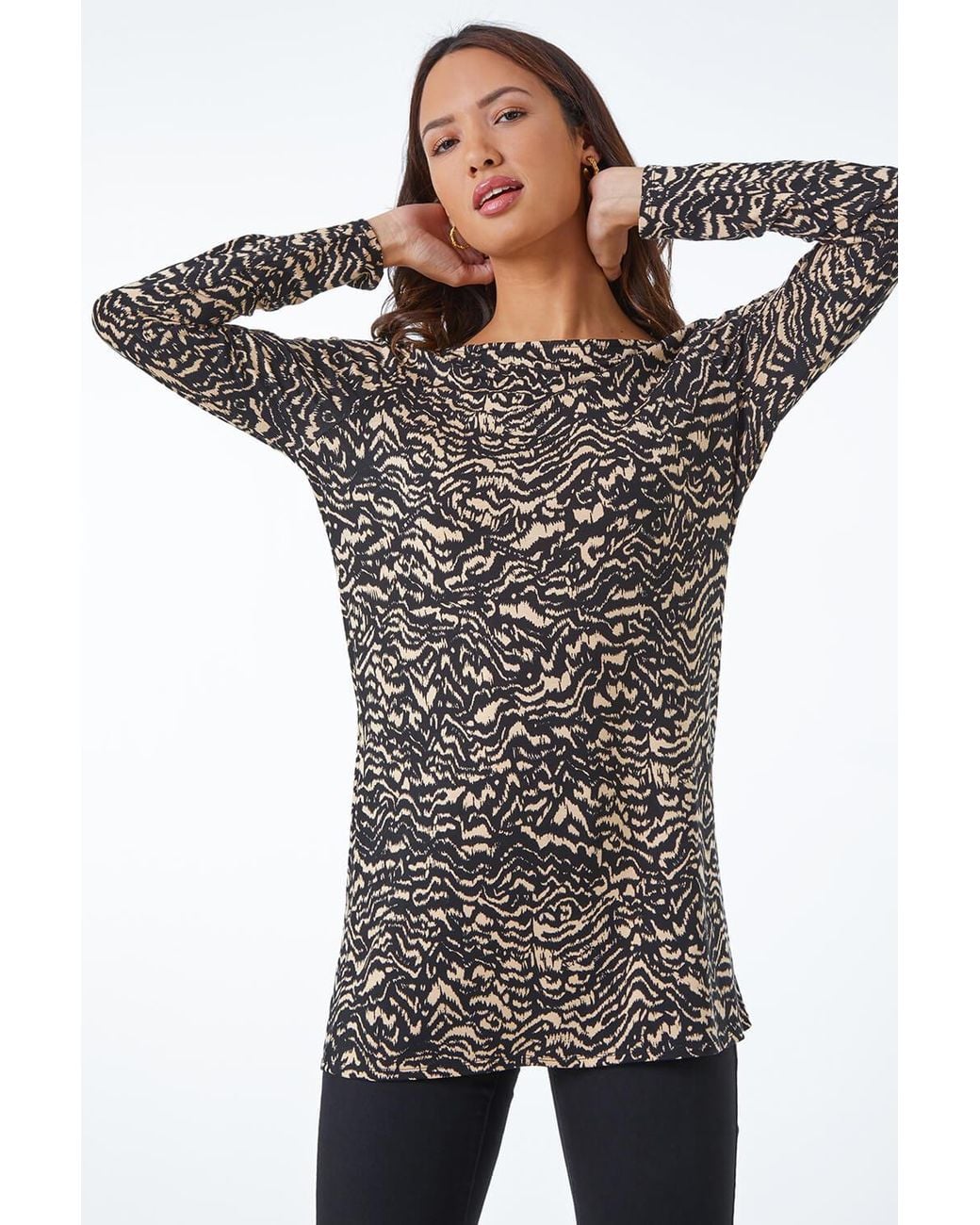 Roman Black Abstract Print Stretch Tunic Top