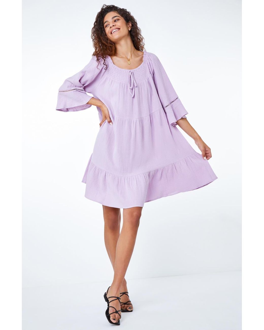 Roman Purple Tiered Cotton Tie Detail Smock Dress