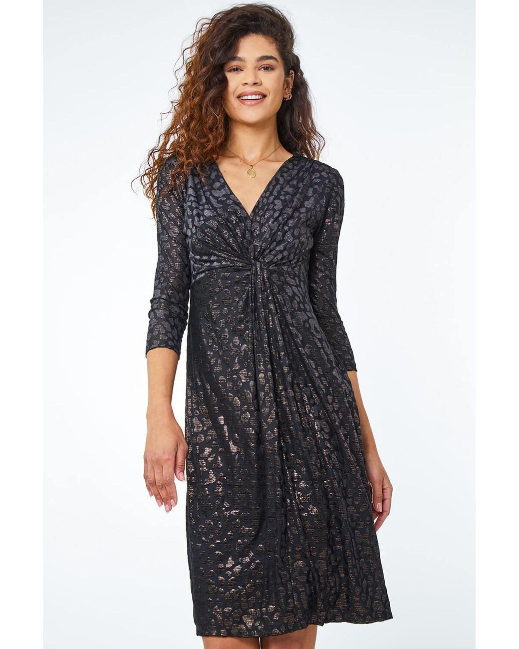 Roman Blue Leopard Print Shimmer Twist Wrap Dress