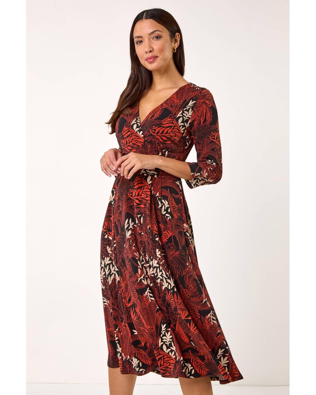 Roman Red Leaf Print Wrap Midi Stretch Dress