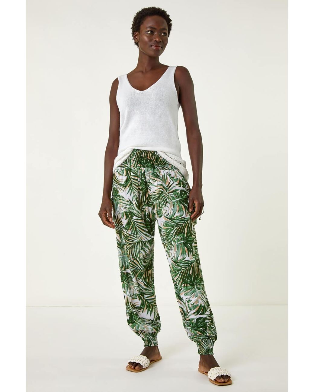 Roman Green Palm Print Tie Pocket Trousers