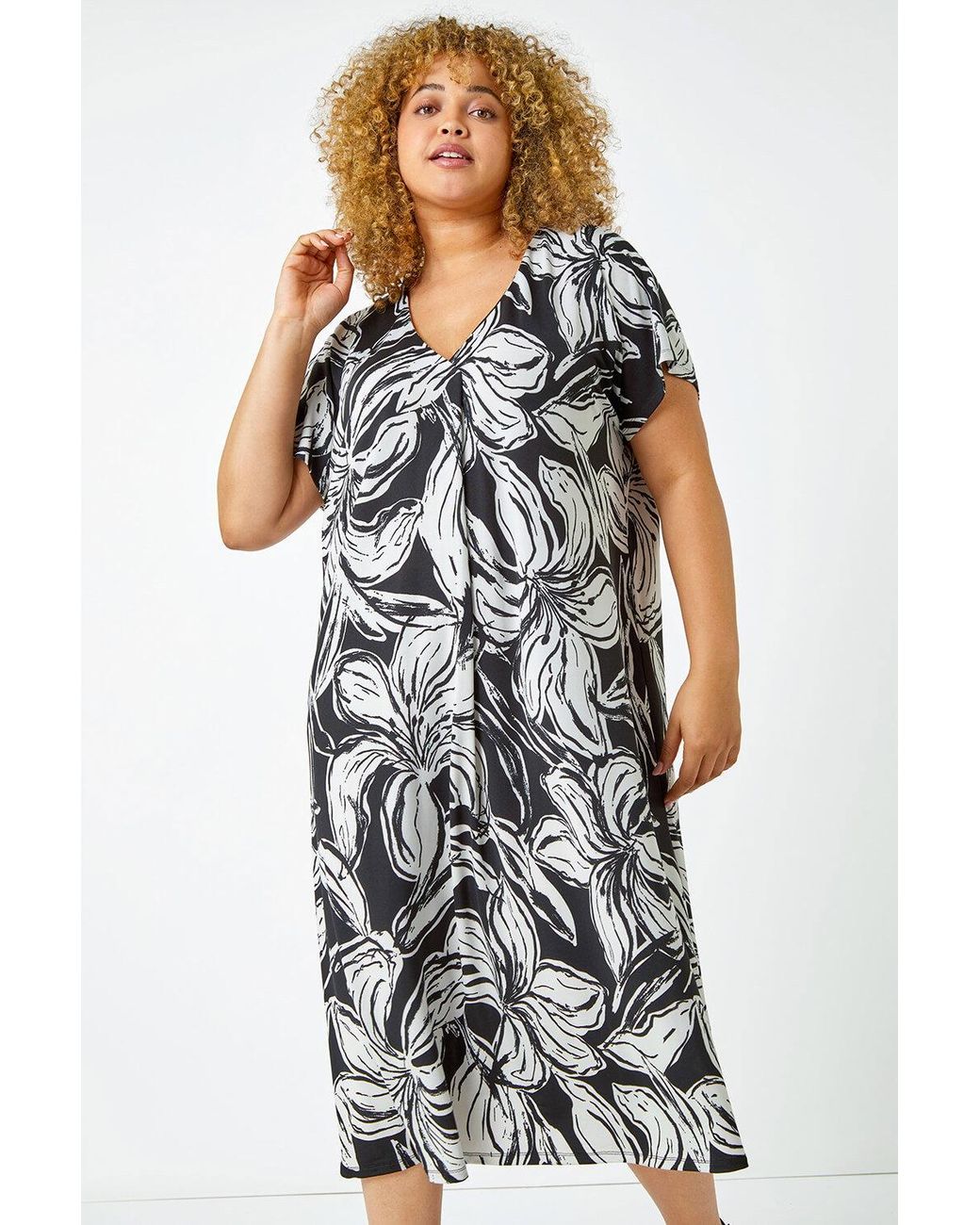 Roman Curve White Floral Midi Shift Dress