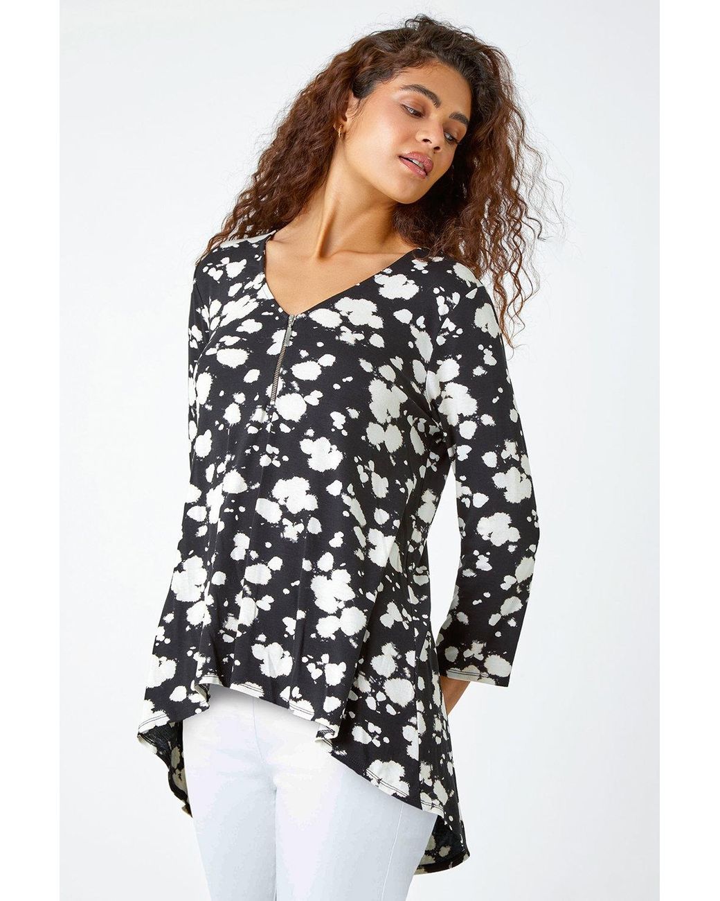 Roman Black Abstract Print Zip Detail V-Neck Stretch Top