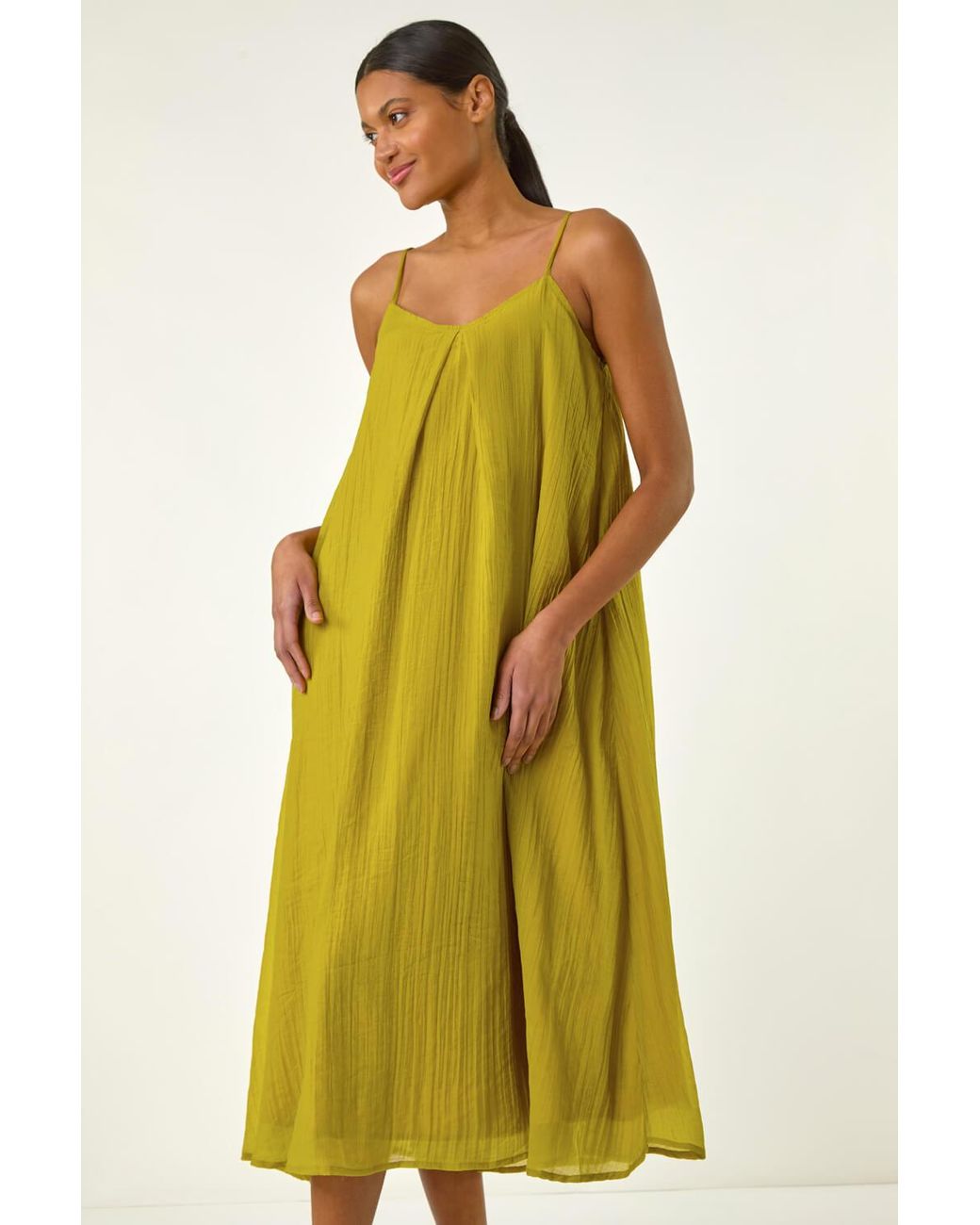 Roman Yellow Textured Pleat Swing Midi Dress