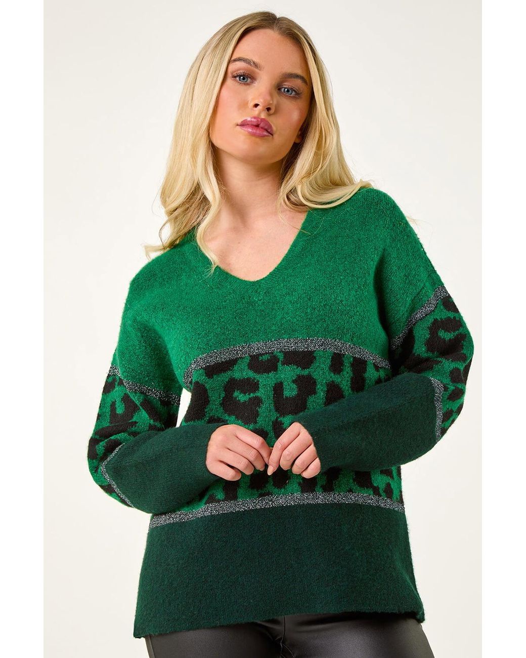 Roman Petite Green Animal Colourblock Stretch Jumper