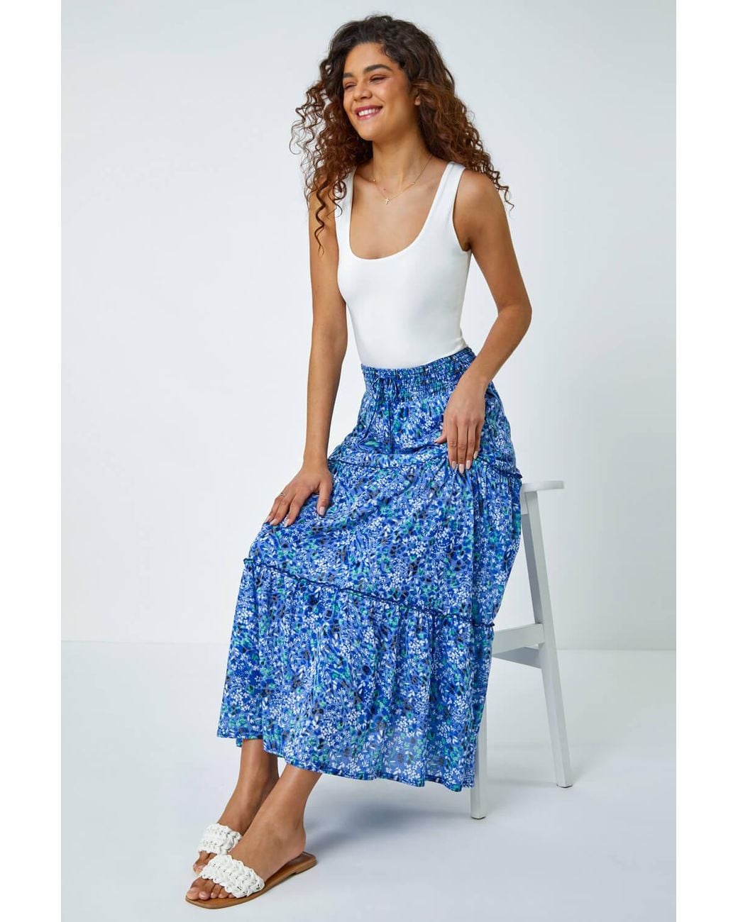 Roman Blue Ditsy Floral Tiered Elastic Waist Maxi Skirt