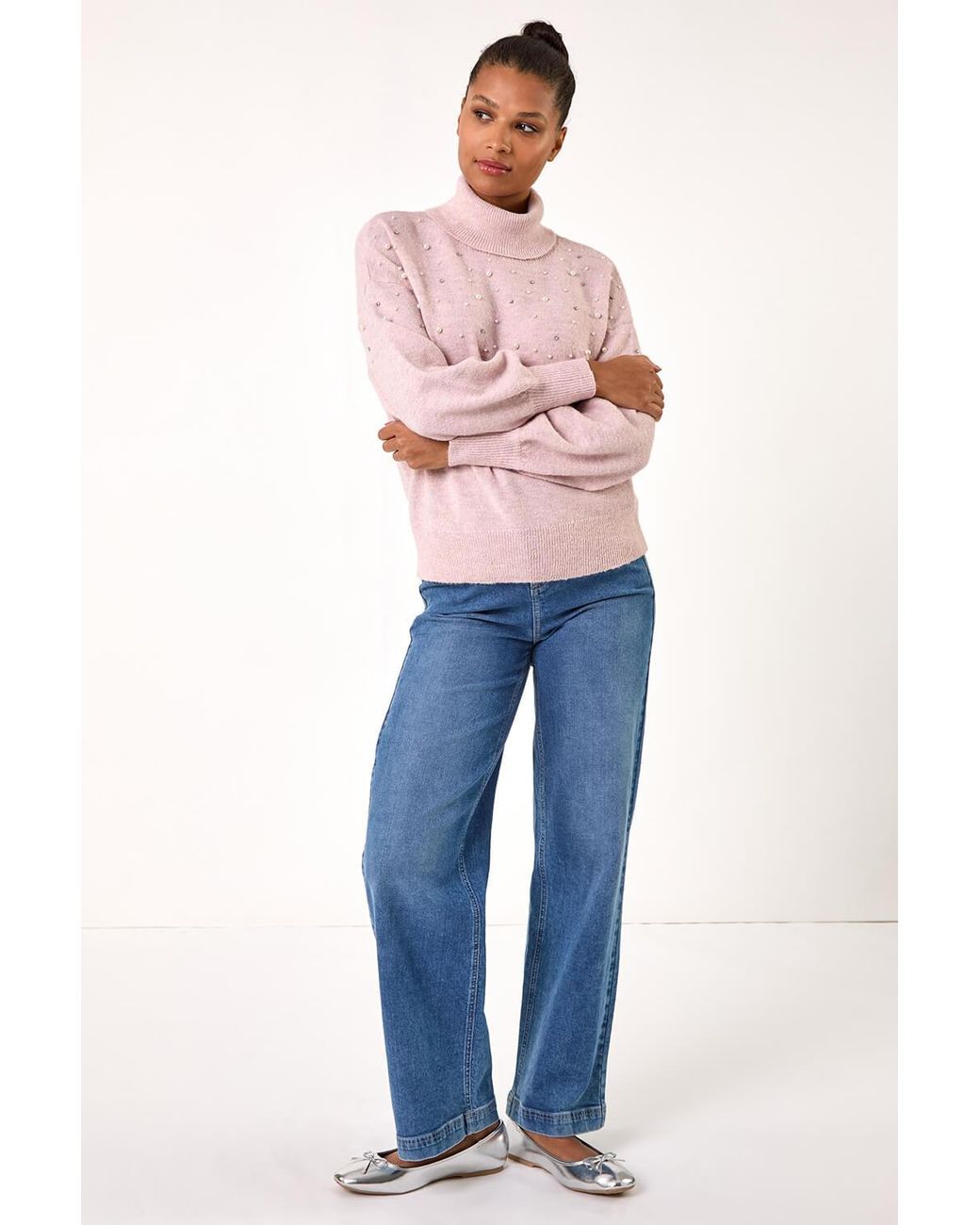 Roman Blue Faux Pearl Roll Neck Knit Jumper