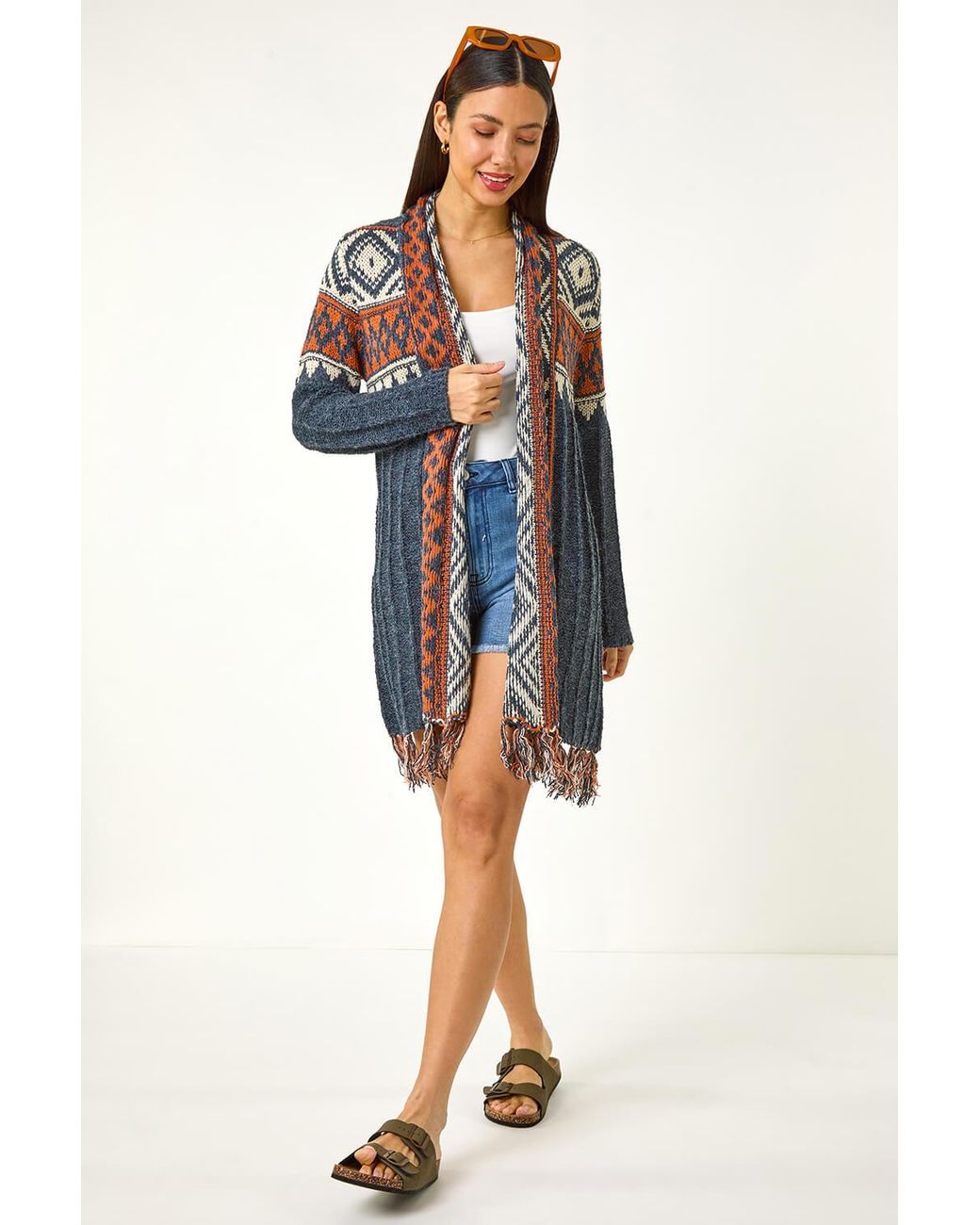 Roman Blue Geo Patterned Longline Fringe Cardigan