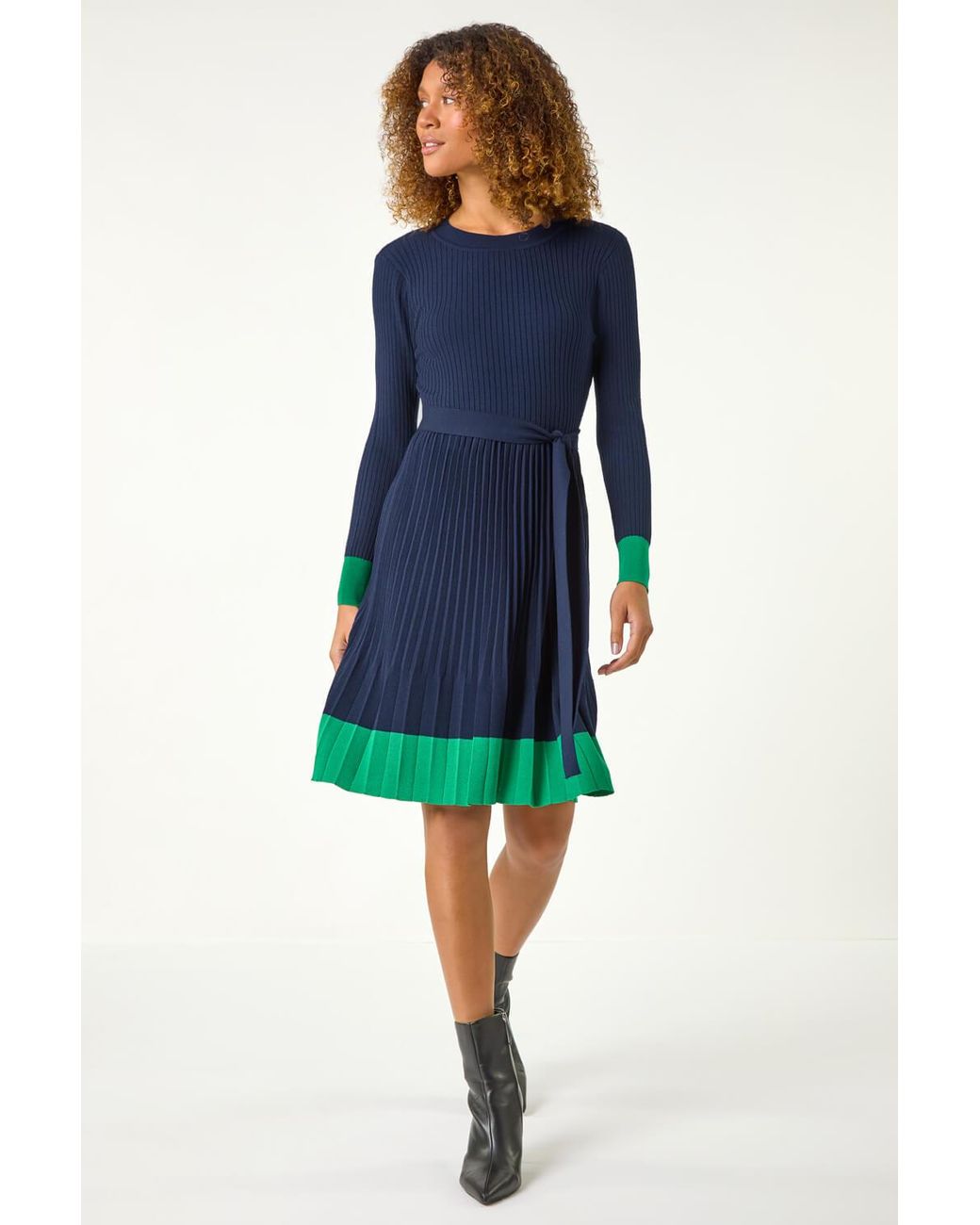 Roman Blue Contrast Border Knitted Stretch Dress