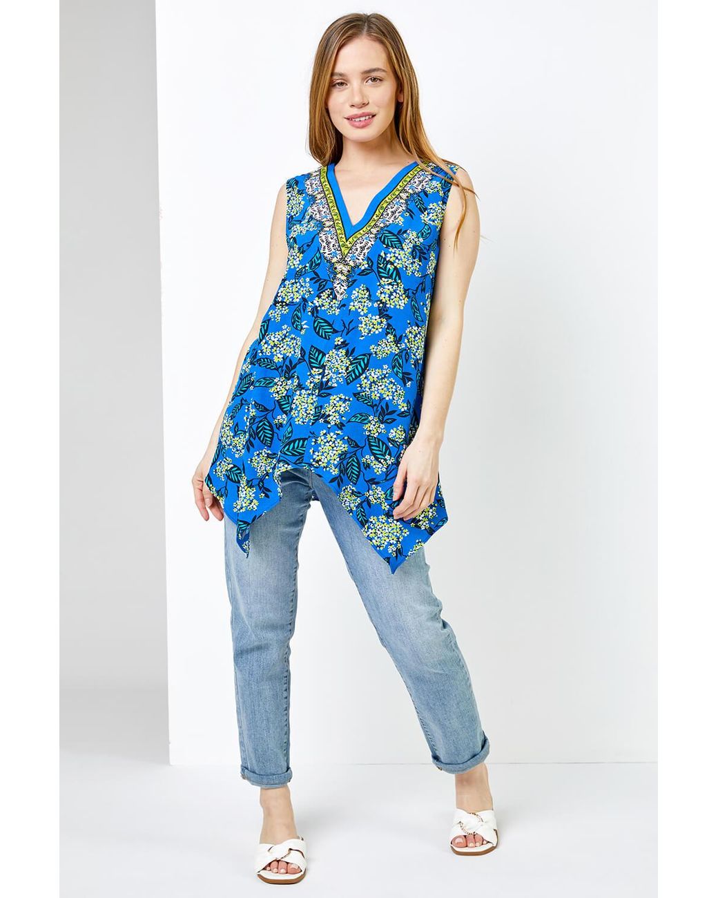 Roman Petite Blue Floral Print Hanky Hem Top