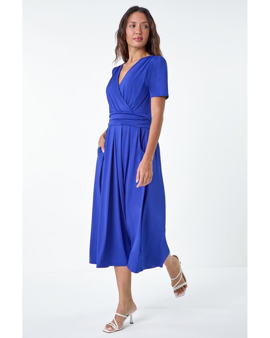 Roman Blue Gathered Stretch Wrap Midi Dress