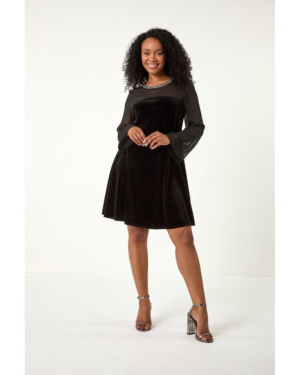 Roman Petite Black Neck Trim Velvet Stretch Dress